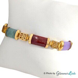 Vintage Chinese Multi-Stone Gemstone Panel Bracelet Gold Tone 7”